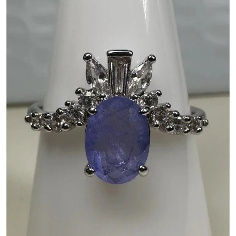 Bomb Party Oval Violet Blue Statement Ring Rhodium Plated Size 8